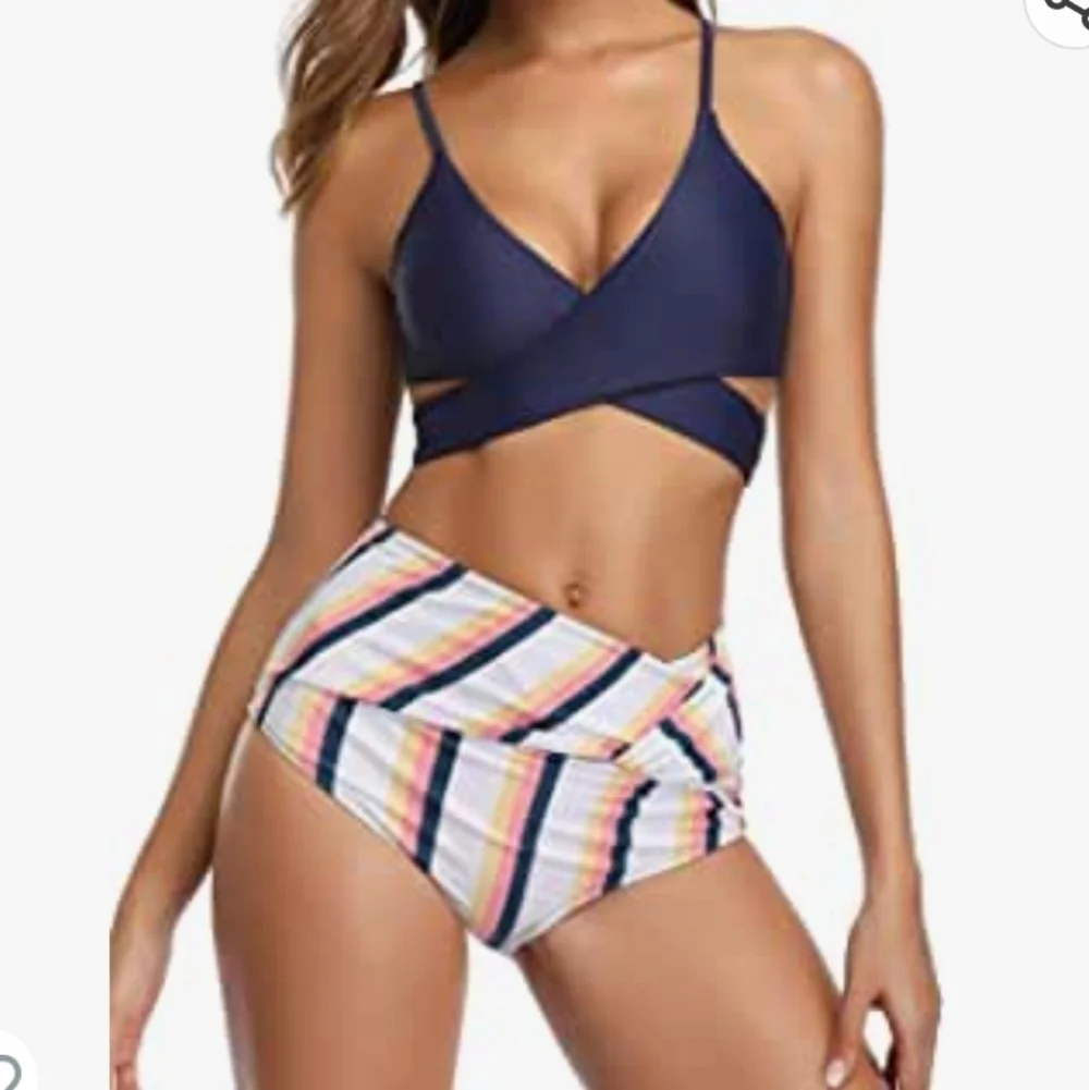 SHEKINI Push Up Bathing Suits Cross Wrap Bikini Set in Deep Blue Size M